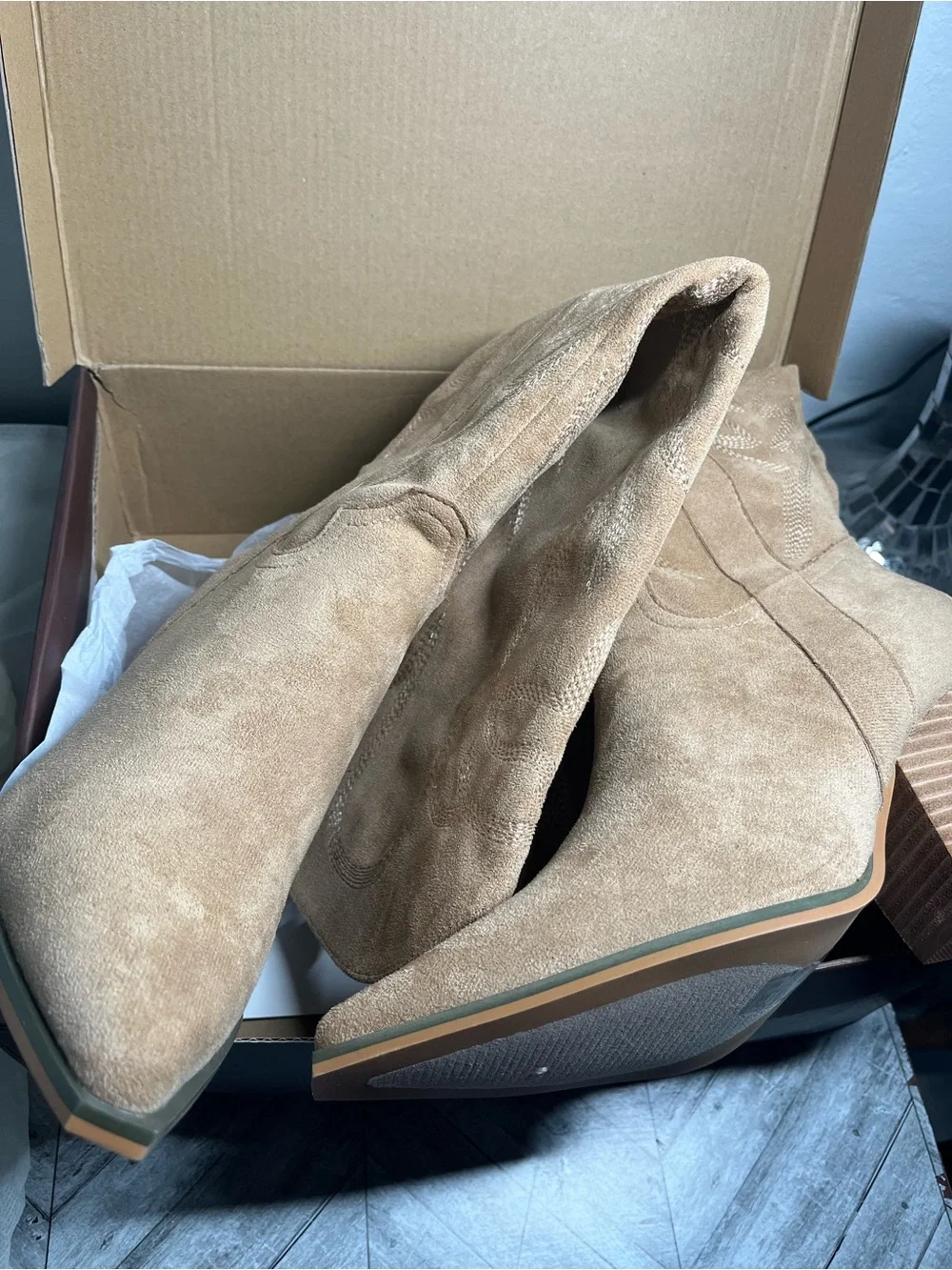 Over-the-Knee Beige Suede Western Boots